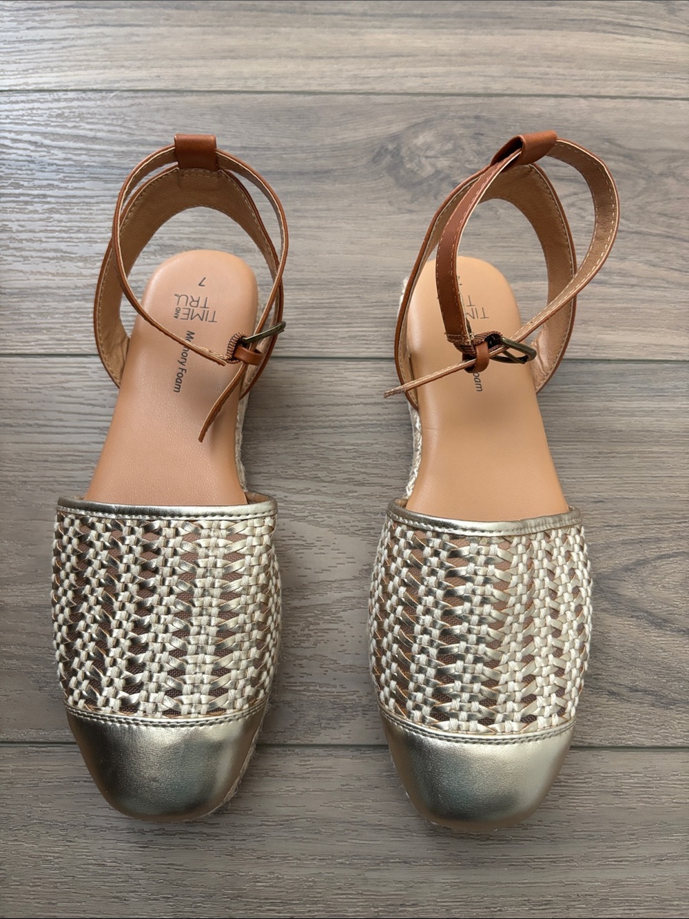 Metallic Woven Ankle-Strap Flats - Gold